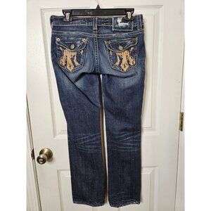 MEK Jeans Womans 27/32 Santiago Straight Distressed Stretch Denim Dark Wash